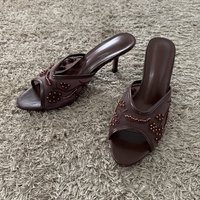 Mesh Embroidered Summer Women Sandals Brand High Heels Slippers Fashion String Beads Peep Toe Mules Wedding Dress Shoes