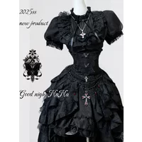 Gothic Dark Black Vintage Lace Blouse Retro Punk Light Lolita Short Sleeves Lace-up Slim Top and Multi Layers Skirt Set 2pcs Set