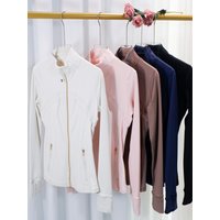 Stand Collar Gold Zipper High Elasticity Outdoor Running Long Sleeve Yoga Jacket Sports Coat for Women