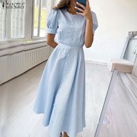 Stylish Summer Striped Dress 2026 ZANZEA Elegant Women OL Work Midi Dresses O Neck Short Sleeve Waisted Sundress Holiday Vestido
