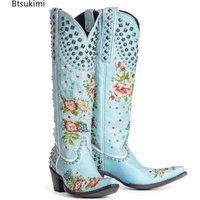New 2026 Embroidered Rivet Western Cowboy Women Boots Pointed Toe Square Heels Vintage Knight Boots Cowgirl Boots Women's Shoes