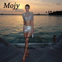 Mojy 2026 Women Sexy Backless Strap Mesh Skirt 2 Pieces Sequins Stage Performance Birthday Party Shooting Dress Customized