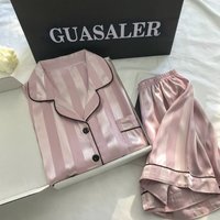 2PCS/Set Women's Silk Pajamas Short Sleeve Short Pants Simulation Silk Homewear Student Girl Soft Solid Color Striped Sleepwear