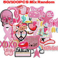 50/100pcs One Pack Pink Random Mix Embroidered Patches Wholesale Iron On For Clothing Bow Cartoon Love Heart DIY Decoration
