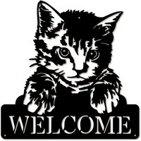 Personalized Cat Metal Welcome Sign, Custom Name Farmhouse Wall Art, Rustic Cat Lover Gift, Outdoor Front Door Decor