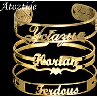 Atoztide Personalized Custom 10mm Letter Name Bracelet for Women Men Stainless Steel Hollow Bangles Birthday Jewelry Gift