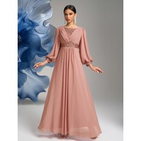 UNITHORSE Round-Neck Lantern Sleeve Sequin Patchwork Chiffon Evening Dress