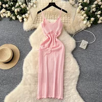 Korean Beach Knitted Women Dress V Neck Sleeveless Hook Flower Hollow Out Skinny Vacation Casual Summer Strap Dress