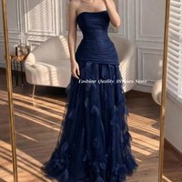 Evening Dress Strapless 3D Petal Floral Tulle A Line Gown Navy Blue Formal Dress For Prom Party Banquet Events Customized