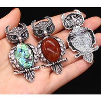 1pc 28x60mm Natural Stone Opal Amethyst Tiger Eye Stone Charms Owl Shape Alloy Pendant Brooch Dual Purpose Jewelry Accessories