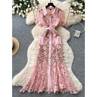Elegant Hollow out Heavy Embroidery Lace Dress Women's Summer Turn down Collar Waist Cinched Slimming Commute Long Dress