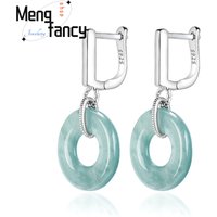 S925 Silver Inlaid Natural A-Grade Jade Ring Blue Water Earrings Ice-Type Jade Fashionable Women's Earrings Fashion Jewelry