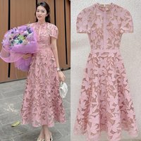 Customized Sparkle Exquisite Lace Flower Ruched Homecoming A-line High Collar Bespoke Occasion Gown Midi Dresses