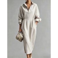 Women's Linen Cotton Blend Shirt Dress | Lapel Collar Long Sleeve Elastic Waist Maxi Dress with Pockets | Casual Elegant Office