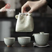 Antique Lotus Leaf Ceramic Tea Set Complete Set Travel Tea Set Tea Maker Gaiwan 1 Bowl 2 Cups Kung Fu Tea Set with Portable Bag