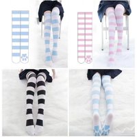 Japanese Cosplay Anime College Style Socks Kawaii Student High Tube Horizontal Striped Cat Paw Long Tube Knee High Socks