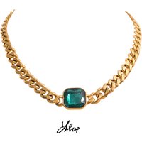 Yhpup Hyperbolic Gold Color Thick Cuban Chain Green Crystal Metal Texture Stainless Steel Statement Necklace Fashion Jewelry