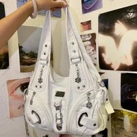 Vintage White Large Capacity Handbag Women High Street Leather Pocket Y2k Shoulder Bags Ladies Retro Purse Bagutte Bag