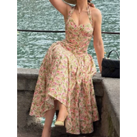 Women Elegant Floral Print Halter Neck Maxi Dress Sexy Sleeveless Corset Waist A-line Long Dress Lady Vintage Summer Party Wear
