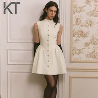 KT Elegant Vintage Formal Mini Dress For Women Stand Collar Sleeveless Gold Button Fitted Waist Flare Hem Daily & Party Dresses