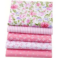 5 Pieces of Pink Floral and Striped Fabric Bundles - 15.8 X 19.7inch , Pre-Cut Quilting and Patchwork Materials, Suitable for DIY Crafts, Soft Polyester Blend, Hand Wash Only