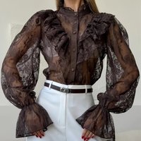 Tuularose Women's Summer Blouses Female See-Through Patchwork Lace-Up Long Sleeve Office Lady Top Y2k Lace Ruffled Printed Shirt
