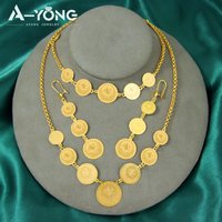 Turkish Fashion Coins Jewelry Set 21k Gold Plated Nigeria Bridal Wedding Necklace Bracelet Earrings Arabic Women Gold Jewelrys