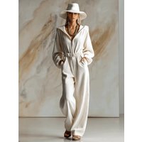 Casual loose and fashionable white corduroy hooded front zipper long-sleeved jumpsuit