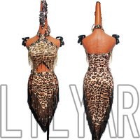 New Latin Dance Competition Costume Adult Female Leopard Print Hollowed Out European Fringe Dance Dress