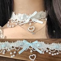 Lolita Pearl Heart Pendant Lace Necklace Sweet Y2K Ribbon for Women Bowknot Charm Choker for Women Girls Lolita Party Jewelry