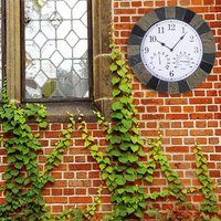 qw14inch Slate Effect Resin Garden Wall Clock with Thermometer & Hygrometer, Indoor Outdoor Waterproof Wall Clocks for Garden Patio Farmhouse, Silent Living Room Bedroom Wall Clock Non-ticking, Spring
