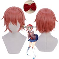 Anime Doki Doki Literature Club Sayori Short Pink Red Heat Resistant 30CM Hair Cosplay Costume Wigs + Bow Hairpin + Free Wig Cap