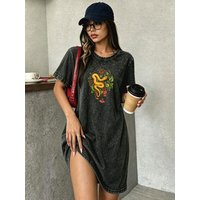 Vintage Washed Retro T-Shirt Dress for Women, Fashion Streetwear Brand Dress with Snake Totem Print