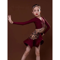 New Latin Dance Costume for Girls Children Leopard Print Long-sleeved Short Skirt Cha-cha Swing Dance Performance Set Costume