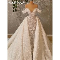 Gorgeous Elegant Pearls Lace Appliques Wedding Dress Detachable Train Off Shoulder Bridal Gown Customized Dresses For Bride