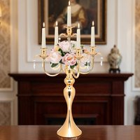 5-Arm Candelabra with K9 Crystal Drops Weighted Metal Candlestick Dual-Use Floral Centerpiece for Wedding Banquet Table Decor