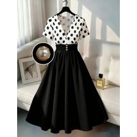 Elegant Commute Polka Dot Print Color Block Dress Sophisticated Skirt for Women Business Casual Fashion