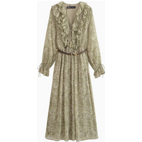 Women Summer Print Dress 2026 Vintage Cascading Ruffle Belt Bwo Long Sleeve Female Elegant Street Dresses Clothing