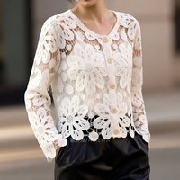 Button Front Crochet Crop Cardigan Bohemian Open-stitch Floral Embroidered Lace Jacket Blouse Top Women Boho Chic Resort Outfit