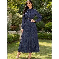 Women's Pleated Polka Dot Dress Elegantly Printed Lace-Up Waist with Long Sleeves for Spring And Summer