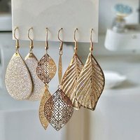 3 Pairs/Set Golden Leaf Sequin Leather Water Drop Geometric Earrings Set Women Fashion Bohemia Holiday Jewelry