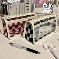 Portable Waterproof Large Capacity Double Layer Pencil Case Simple Transparent Checkerboard Pencil Bag Student Stationery