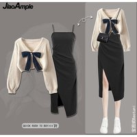 Women's Spring Autumn New Knitted Sweaters Two Piece 2026 Korean Elegant Bow Cardigan Strap Skirt Matching Set Female Clothing
