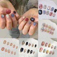 10pcs French Style Short Oval Shaped Press-On Nails Simple - Color Block Stripes & Star Designs Glossy Mix-and-Match False Nails