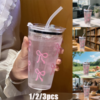1/2/3pcs 450ml Pink Bow Plastic Cup With Straw And Lid Transparent Milk Coffee Drink Mug Household Travel Ins Water Drinking Cup