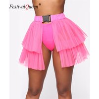FestivalQueen Neon Mesh Transparent Buckle Skirts for Women Pleated Tulle Loose Patchwork Harajuku Sexy Mini Chic Skirt Night Cl