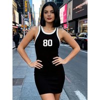 Slim-Fit Mini-Length Jersey Dress European American Style Sleeveless Contrasting Color Edging Hip-Hugging Fashion