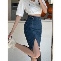 Korean Style Slim Bodycon Blue Skirts For Women 2026 Spring Summer New High Waist Split Denim Midi Skirt