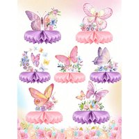7Pcs Pink & Purple Butterfly & Honeycomb Decor Set, Tabletop Decoration, Butterfly Theme Party Supplies, Celebration Items, Butt