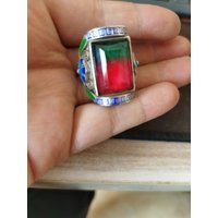 Antique Old Silver Ring, Inlaid Three-Color Tourmaline Gemstone, Adjustable Open Band, Vintage Patina Jewelry